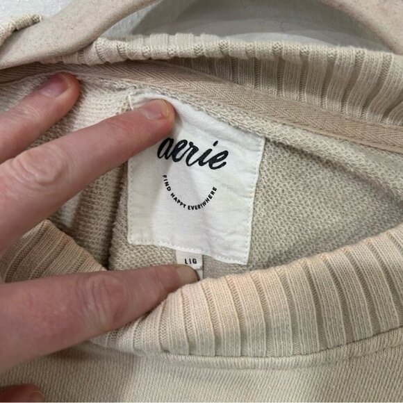 Aerie Pleated Sleeve Crewneck Cream Oversized Boxy Cheer Sweatshirt Size Large - Picture 6 of 10
